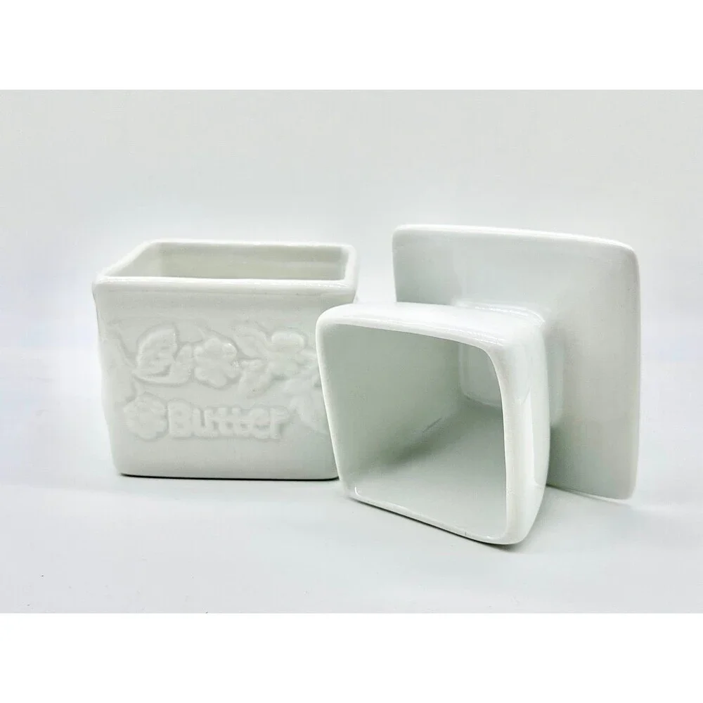 Square White Porcelain Butter Bell Crock Keeper Holder  “butter” floral